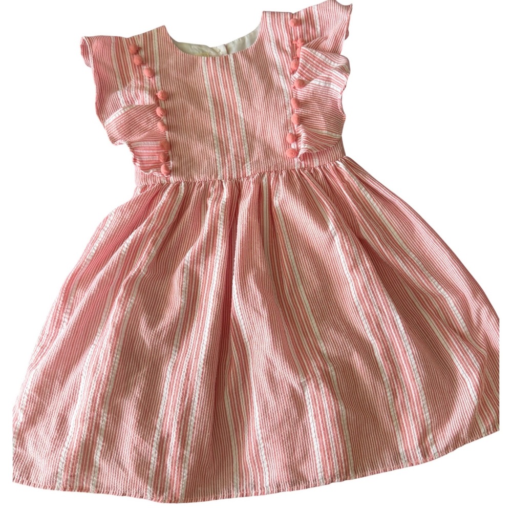 Laura Ashley Girls Pink White Seersucker Stripe Pom Pom Flutter Sleeve Dress 4